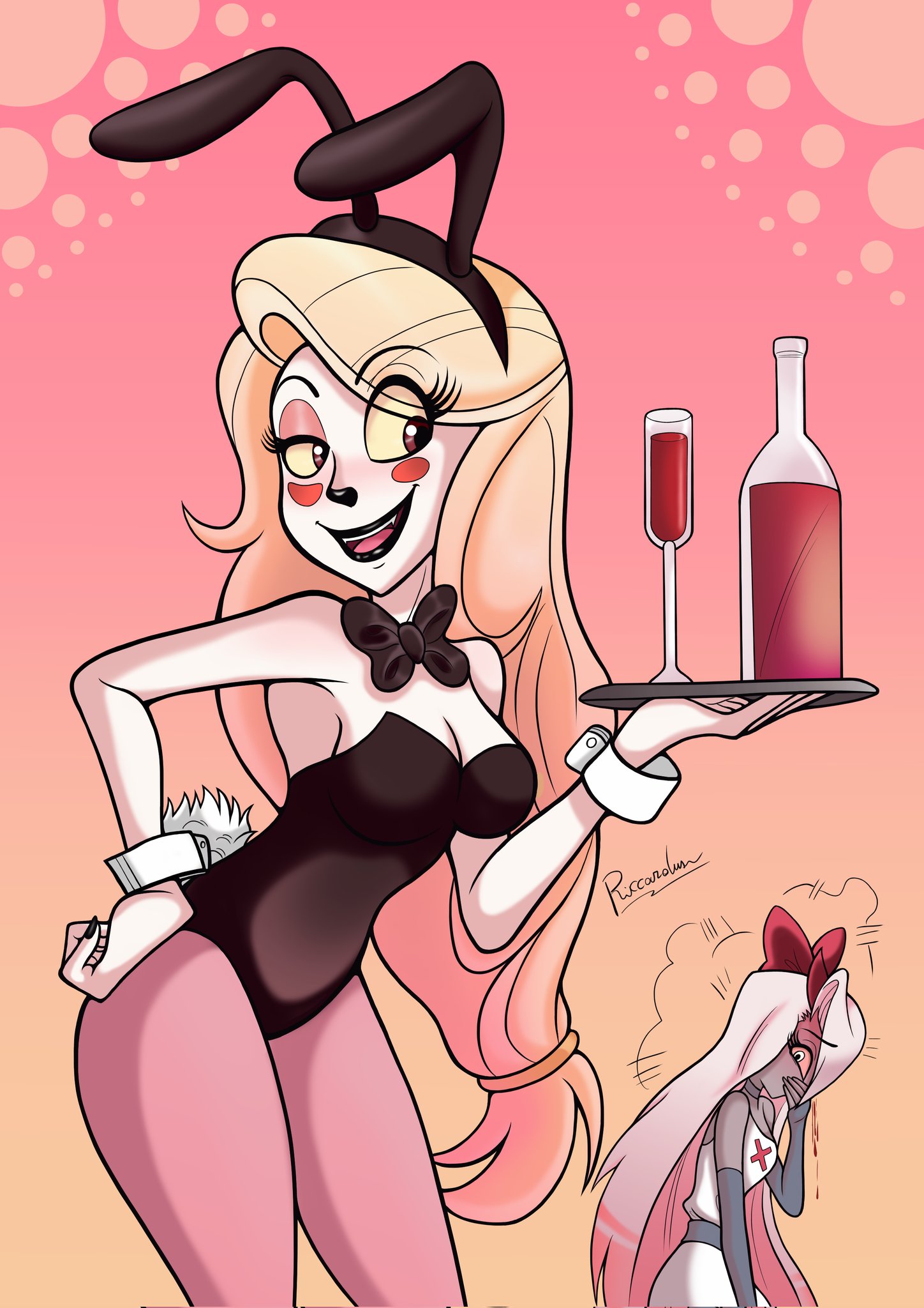 Fanart of Charlie from animated series Hazbin Hotel with her crush Vaggie in Playboy dressing in her lovely hotel