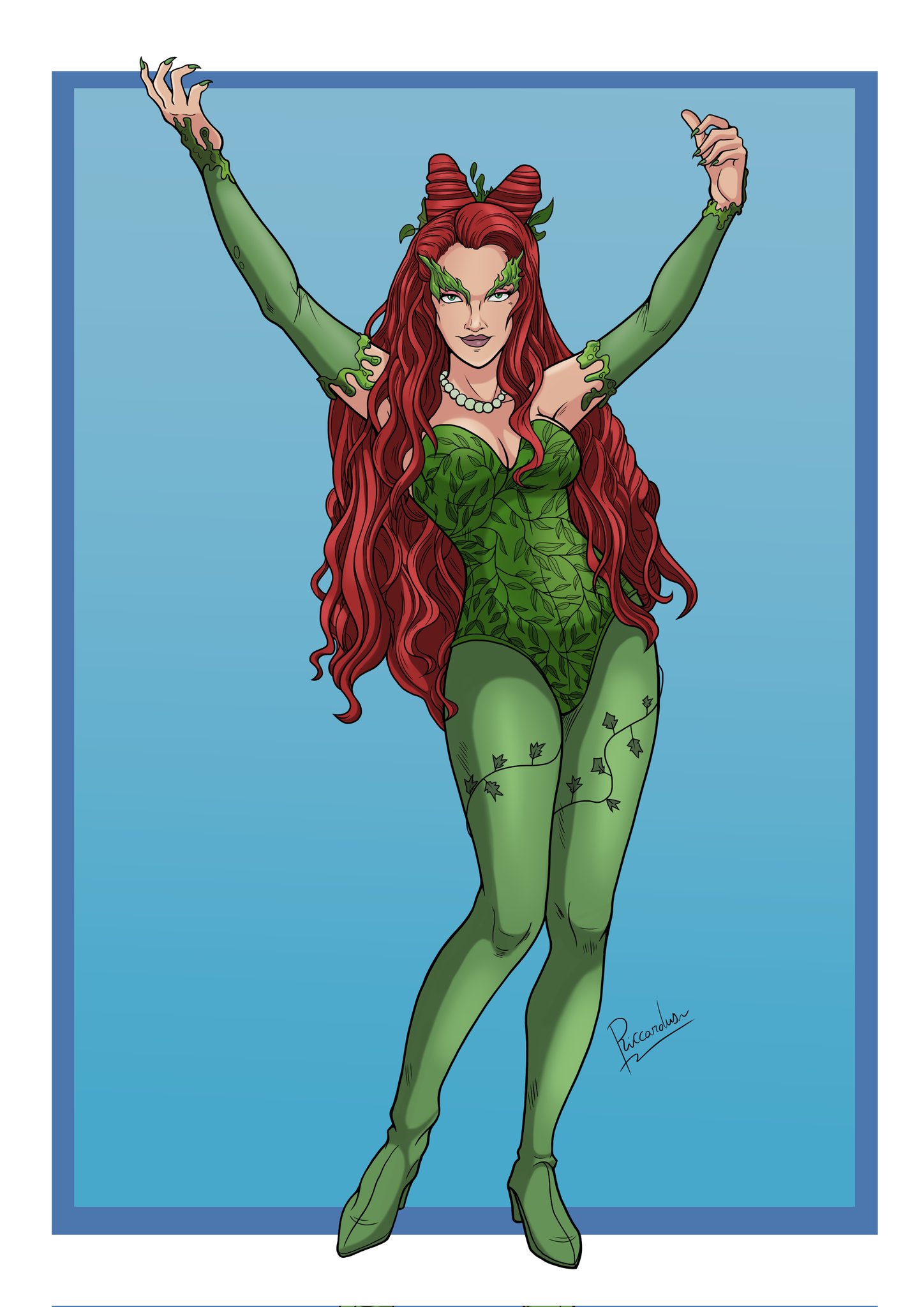 Pin-up about the actress Uma Thurman as Poison Ivy in various different costumes from the "Batman and Robin" 1997 movie for an anonymous commission