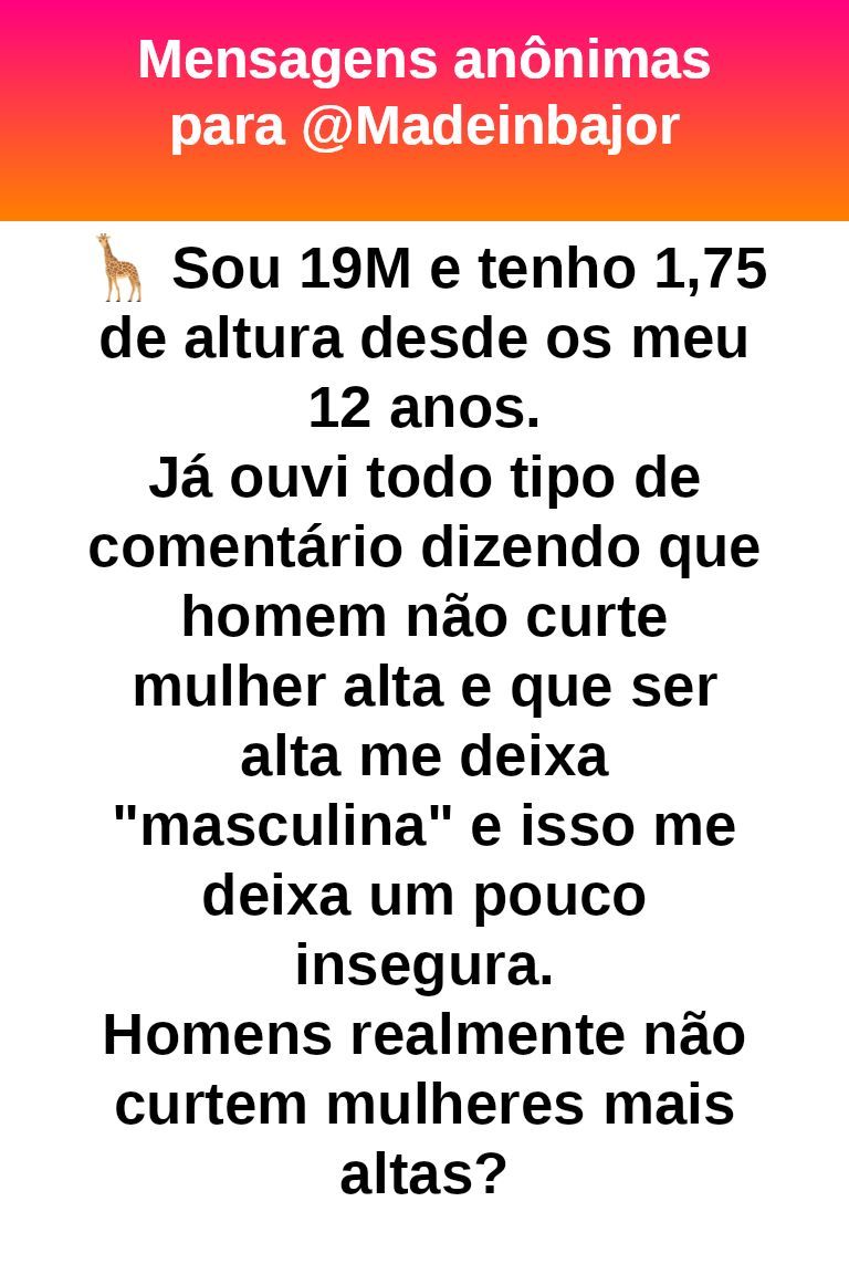 não gostar de mulher alta é mais gay que chupar 70 cacetes em sequência, porque até os viado ama a taylor swift e ela tem quase 1,80